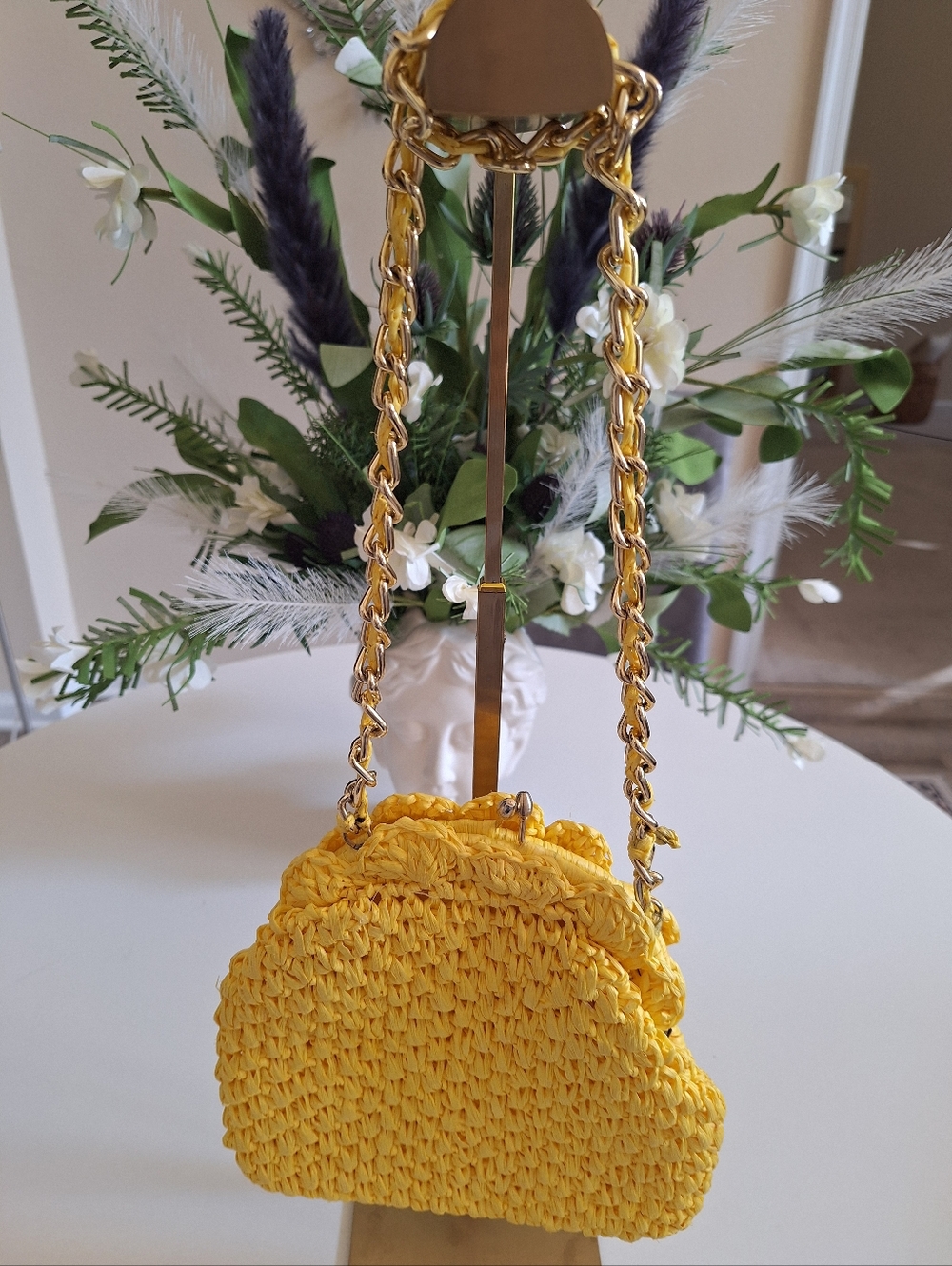 Vintage Made In Italy Yellow Woven Raffia Crossbody Bag with Goldtone Chain